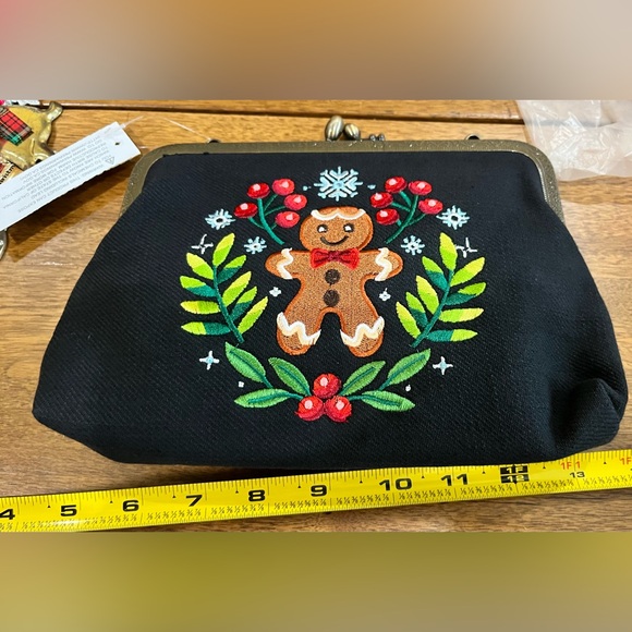 Festive Holiday Clutch/Crossbody or Wristlet with Gingerbread Embroidered Design
